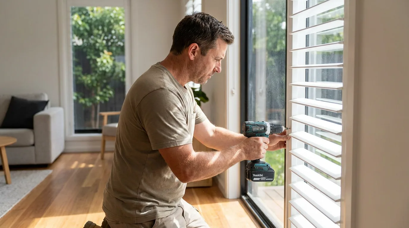 A fitter hanging shutters at a window in Ireland