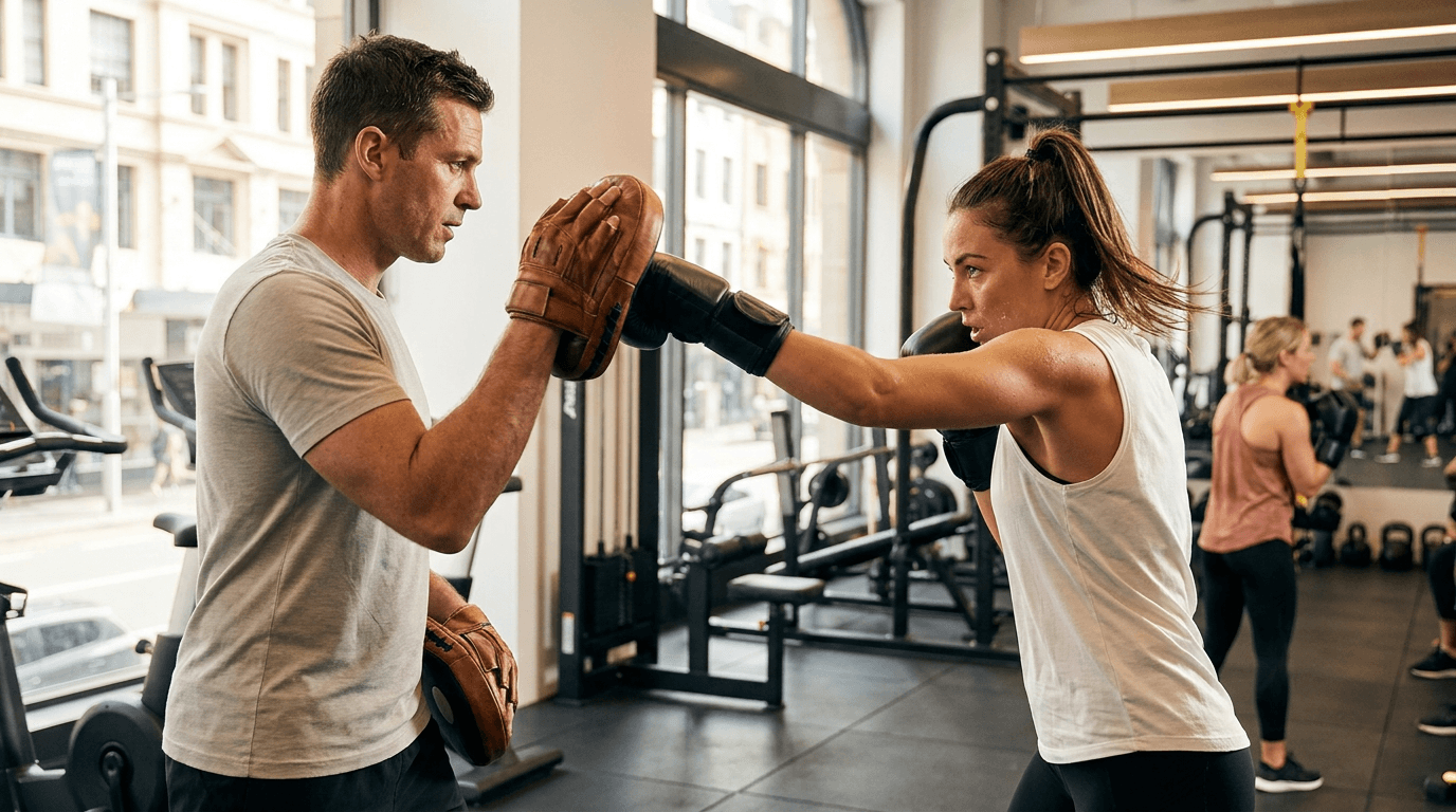 A boxing coach holding pads for a client in a gym