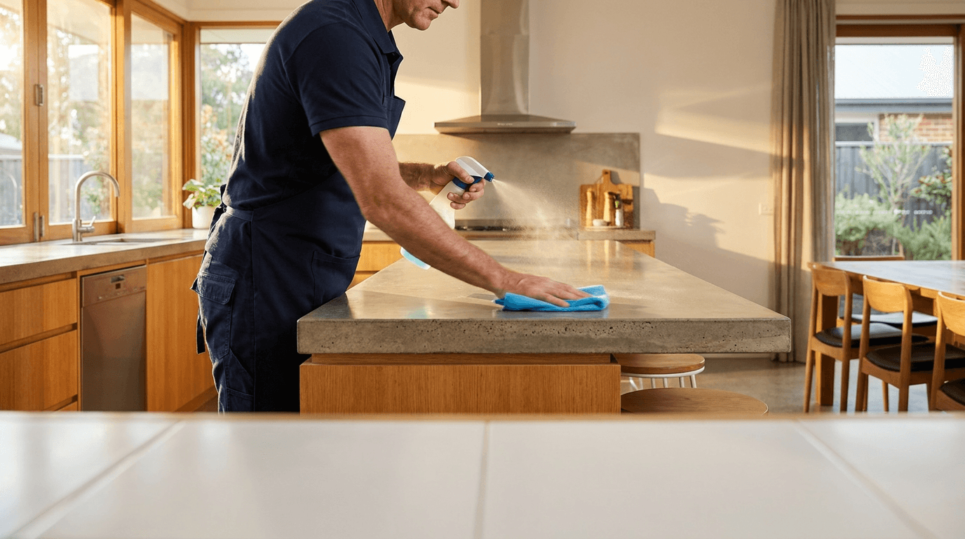 A cleaner at work in a bright domestic kitchen