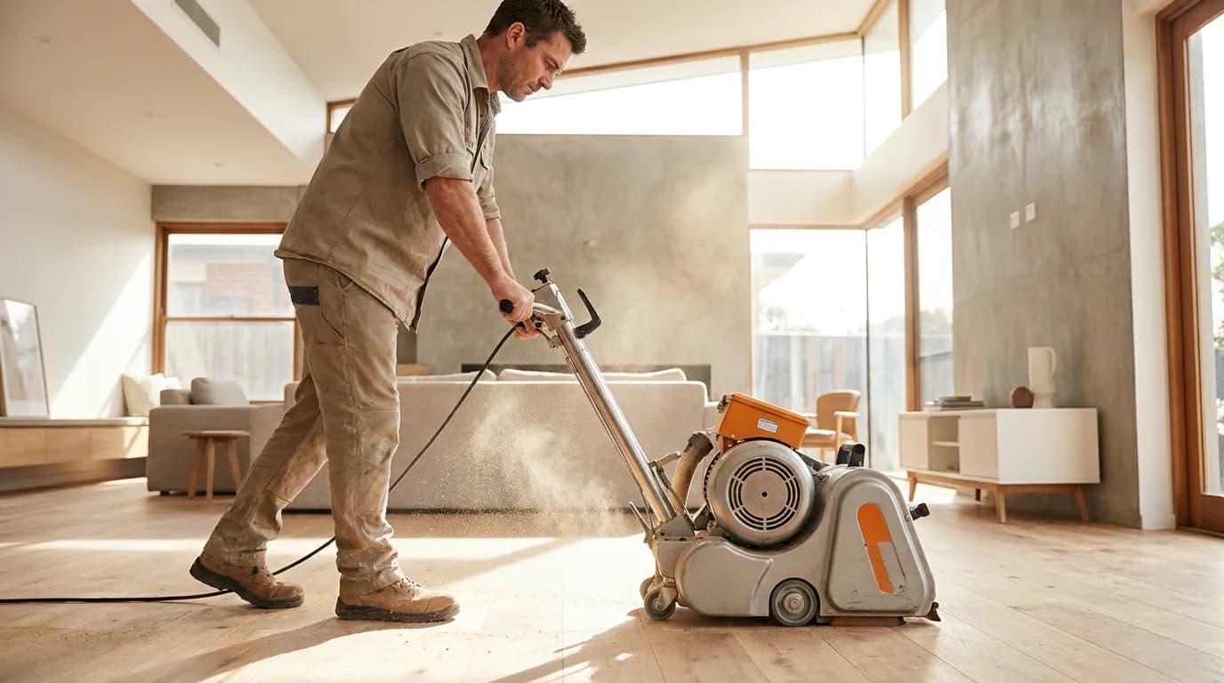 A floor sander sanding timber boards in New Zealand