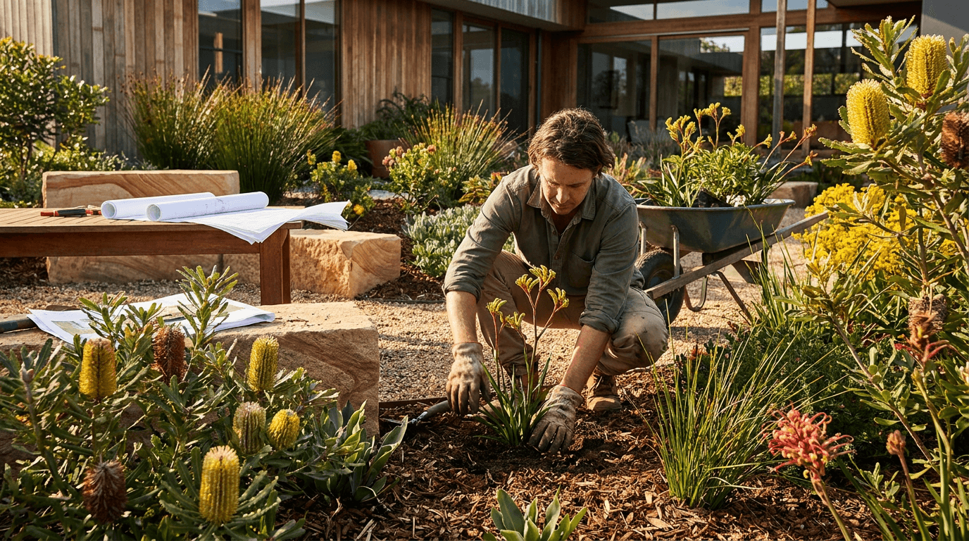 A garden designer planning a landscaped backyard