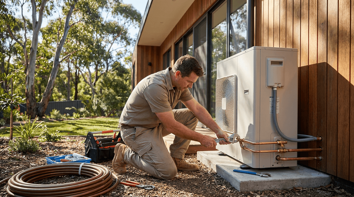 A technician installing a heat-pump unit outside a modern home