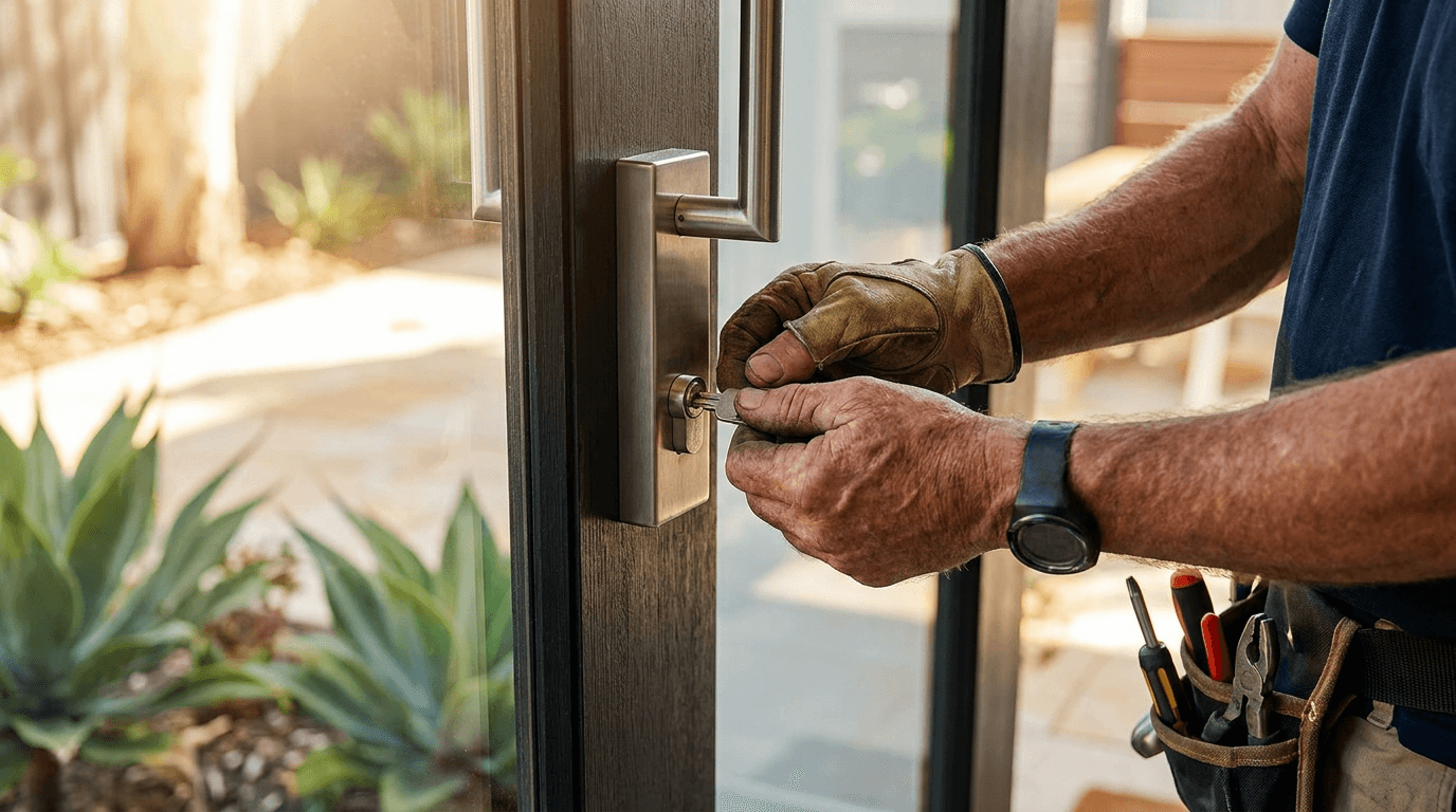 A locksmith fitting a lock on a modern front door