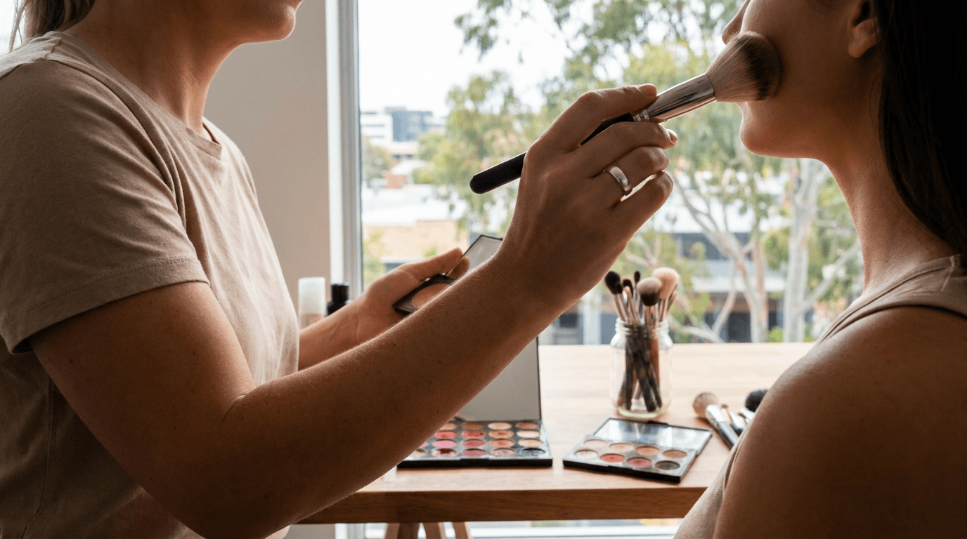 A makeup artist applying makeup in a studio