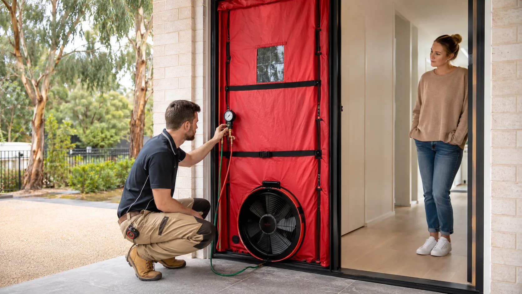 A tester fitting a blower door fan into the entry of a new build in Australia