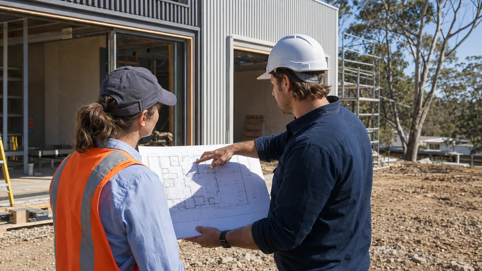 An architect reviews building plans with a client in Australia