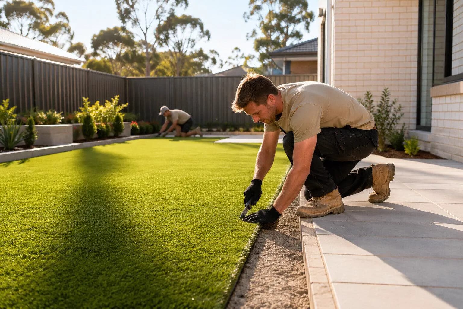 An installer laying a roll of artificial grass over a compacted base in Australia