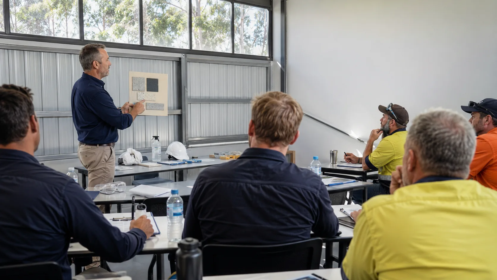 Instructor shows sealed building samples during an asbestos awareness class in Australia
