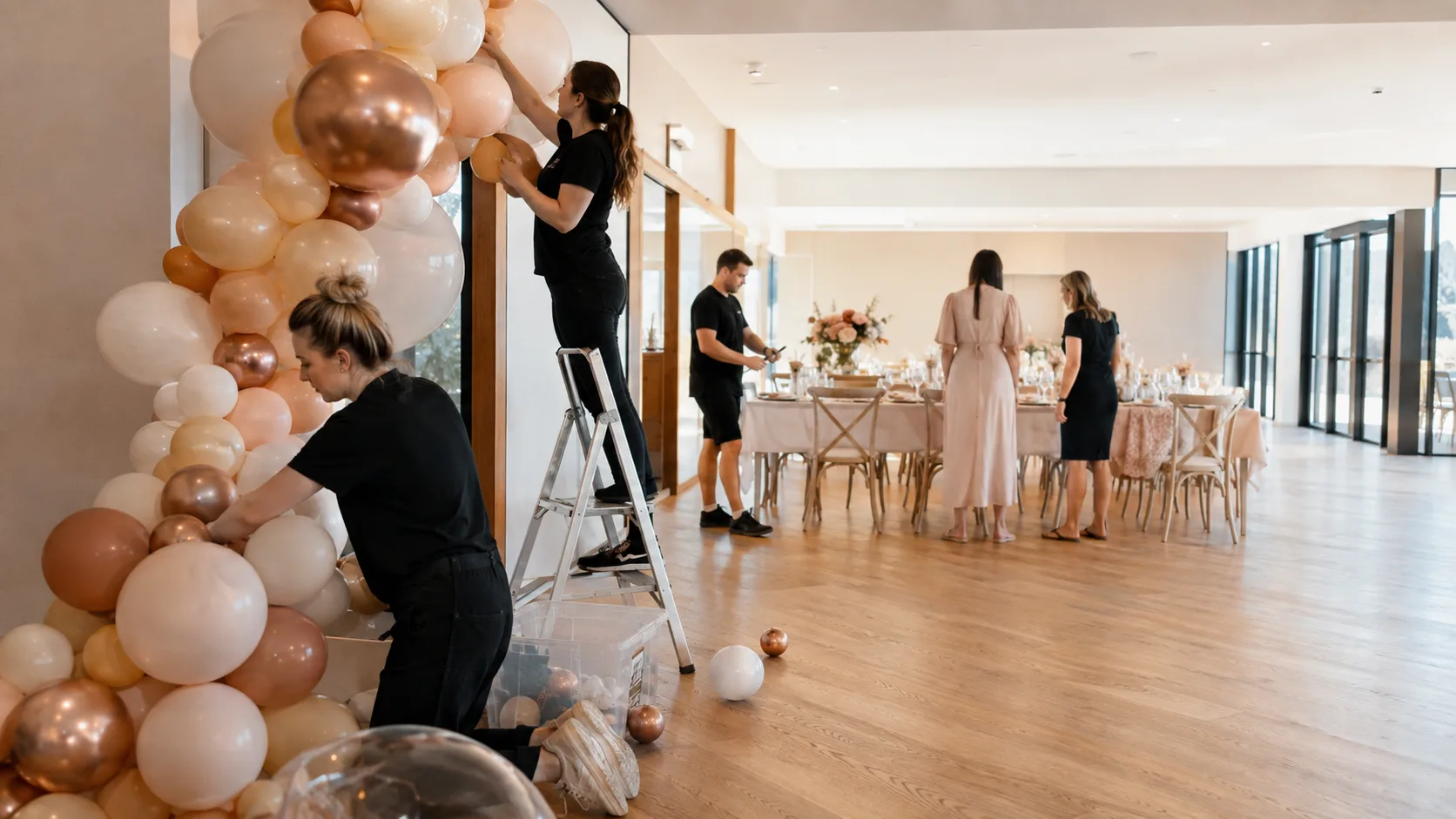 Balloon stylist installing colourful event decor for a booked celebration in Australia