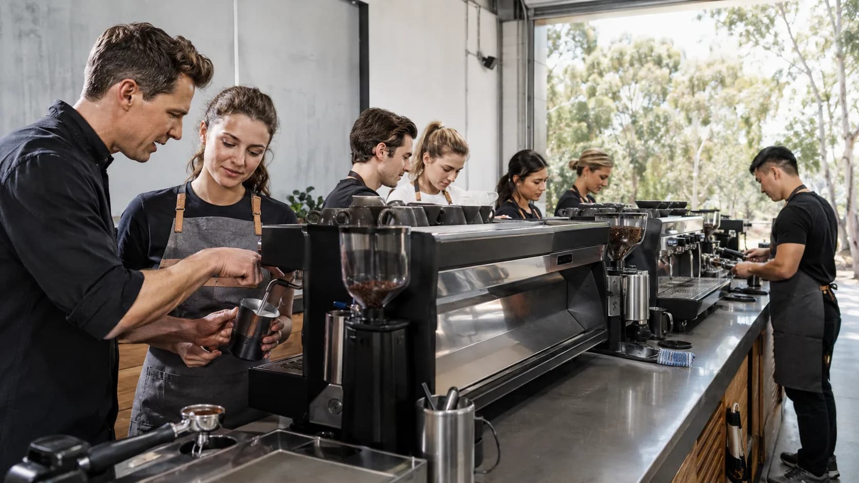 A coffee trainer coaches learners at commercial espresso machines during class in Australia