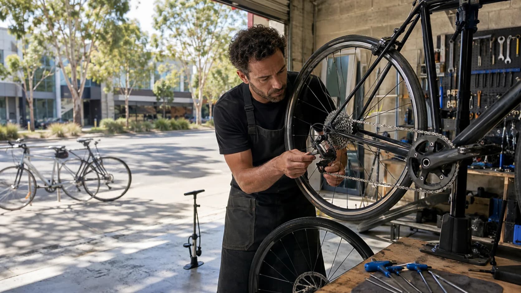 A mechanic working on a bike in a repair stand in a workshop in Australia