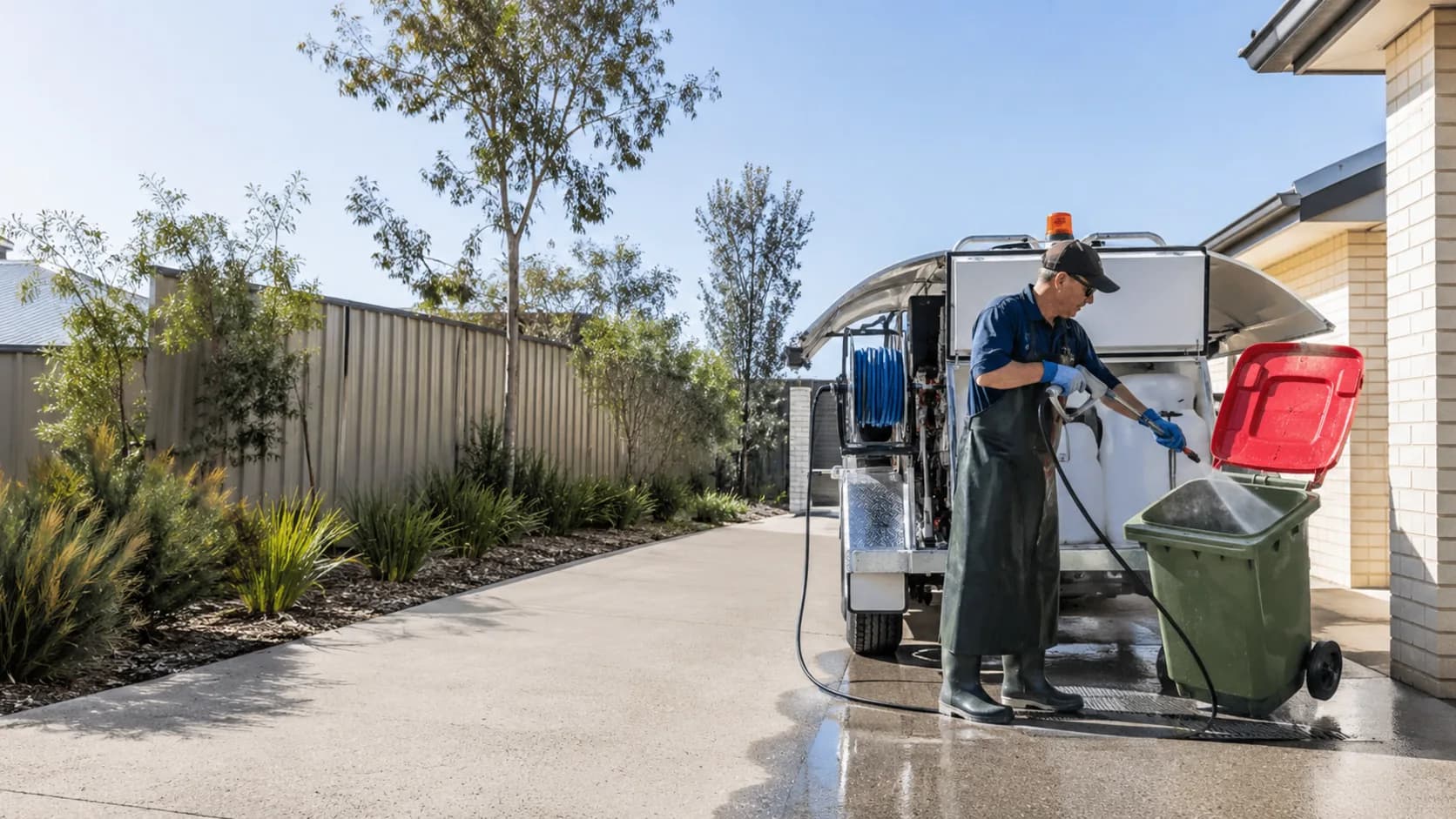 A wheeled bin being cleaned outside a home in Australia