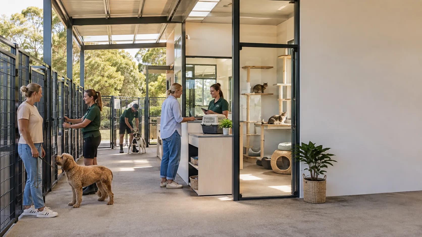 Customers use a bright local kennel run or cat suite during a booked session today