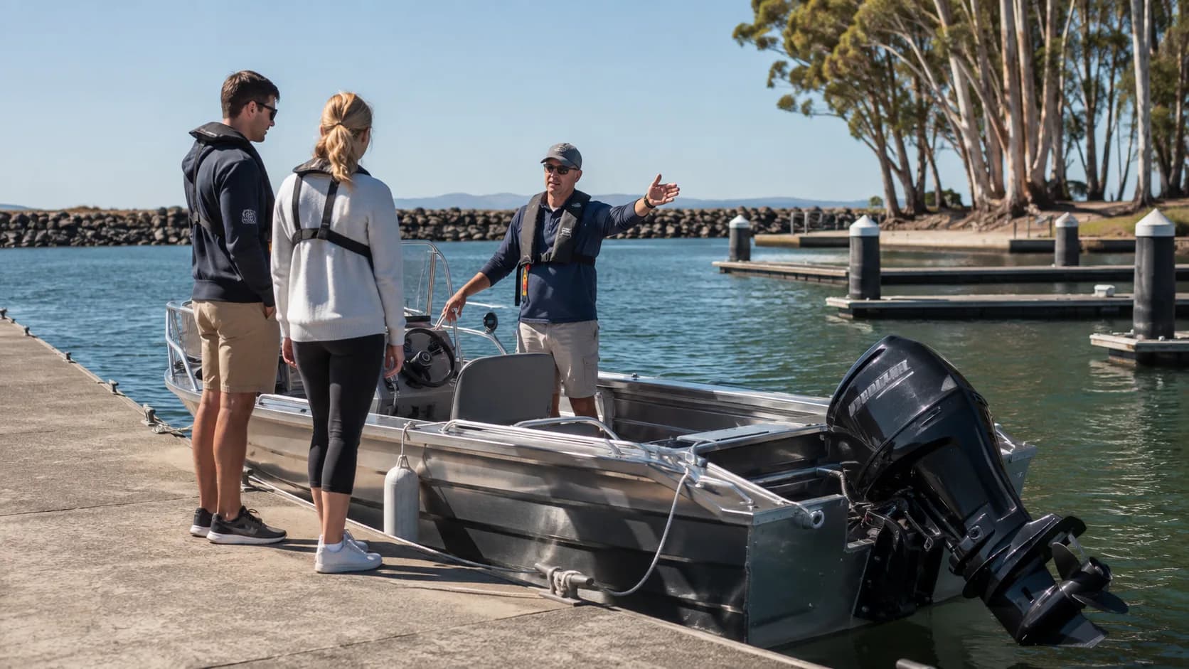 Boating instructor briefs learners beside a small training vessel at a marina in Australia