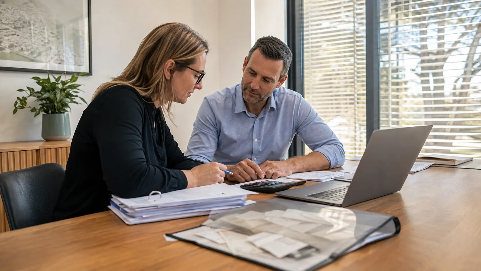 A bookkeeper works through receipts and records with a client in Australia