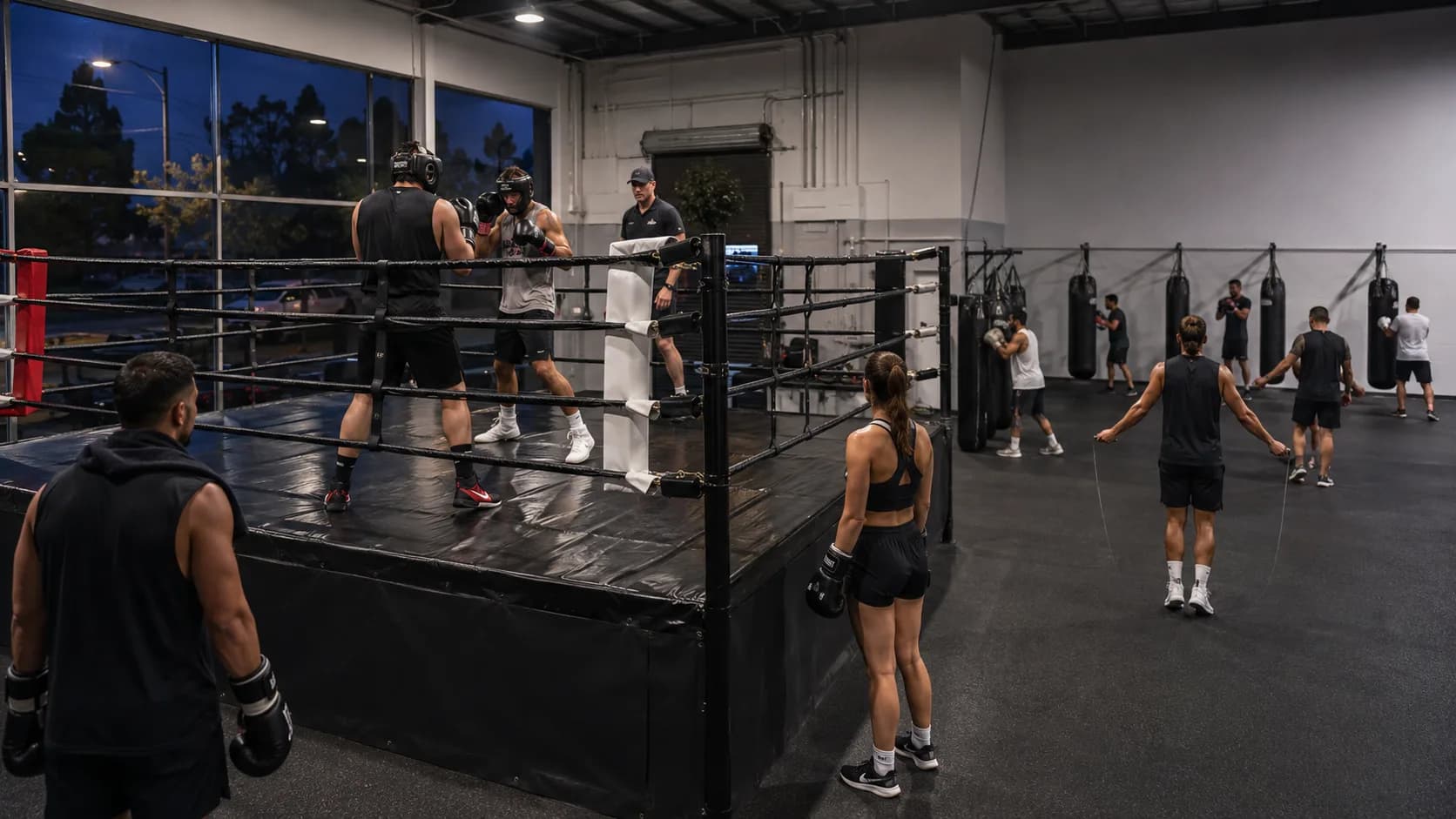 Boxers train around a bright four-rope gym ring in Australia