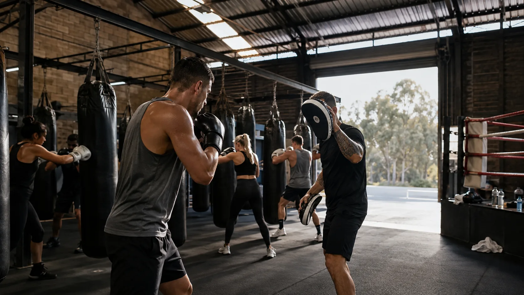 A boxing coach works the pads during an active gym class in Australia