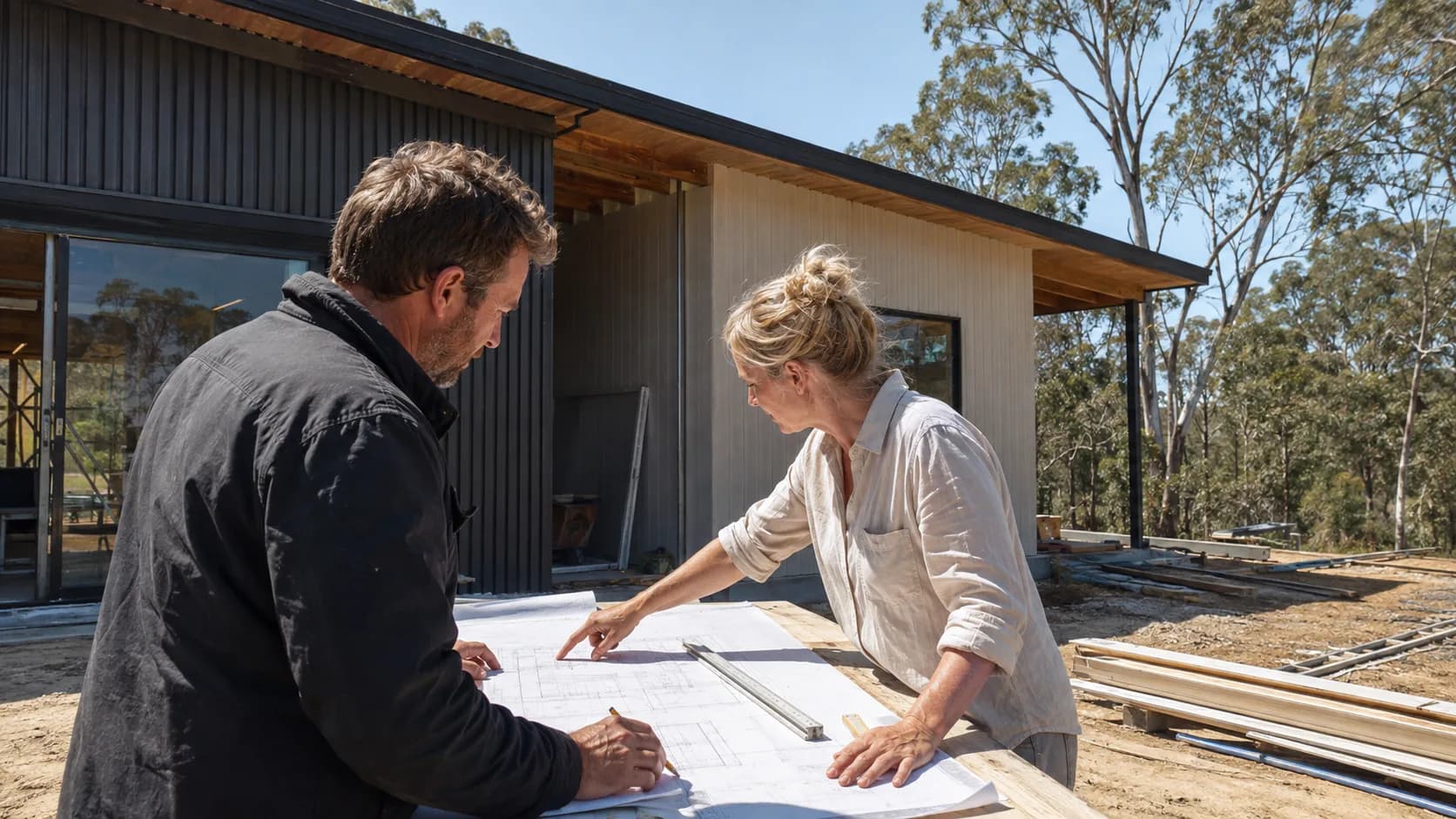 A building designer reviews residential plans with a client in Australia