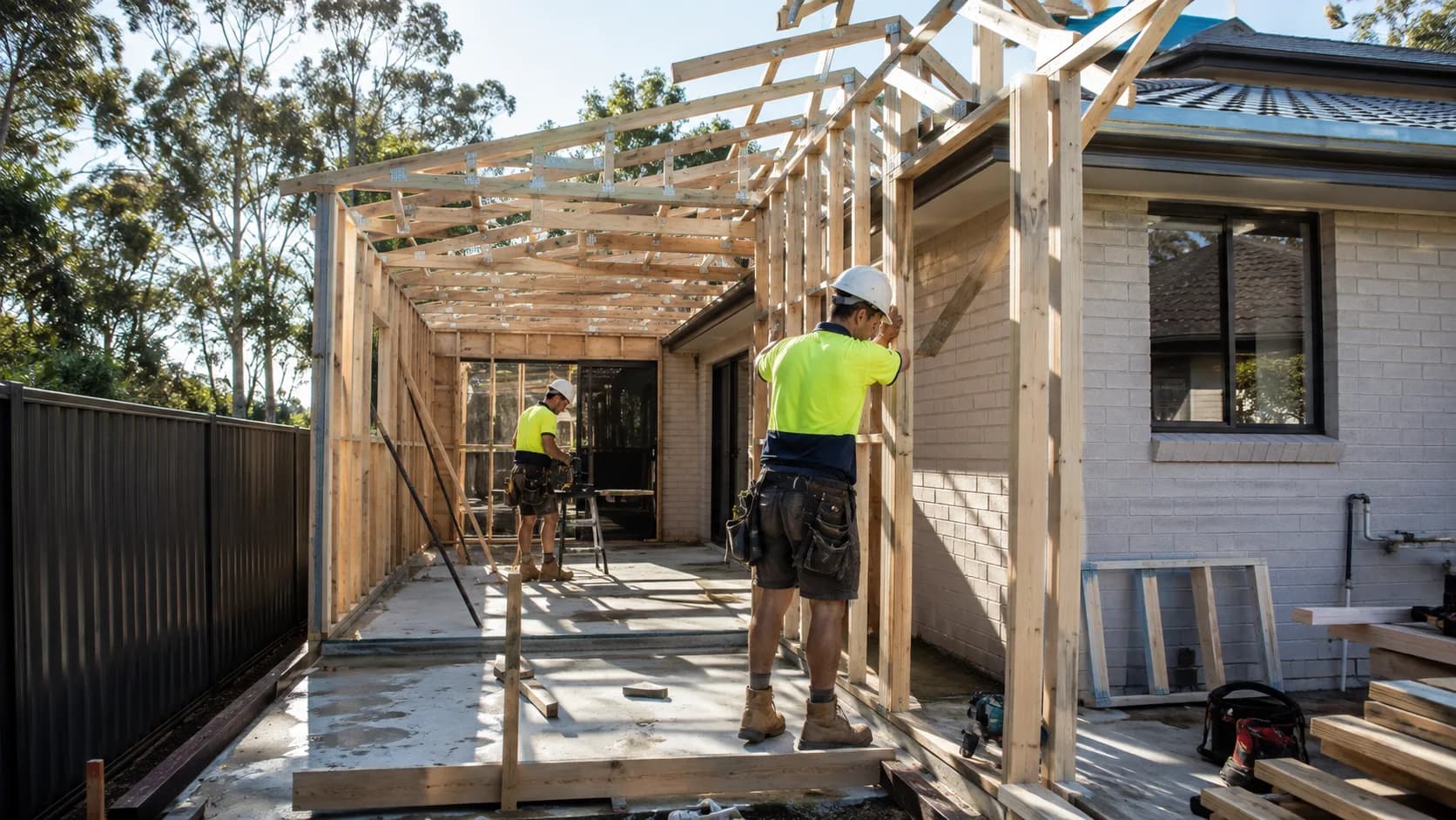 A builder framing a house extension in Australia
