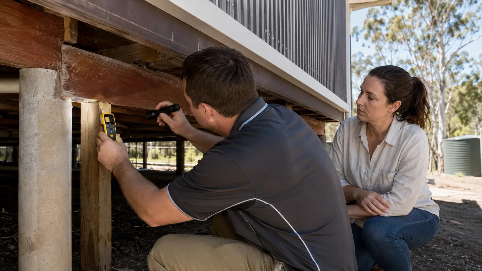 An inspector checks a timber junction during a home visit in Australia