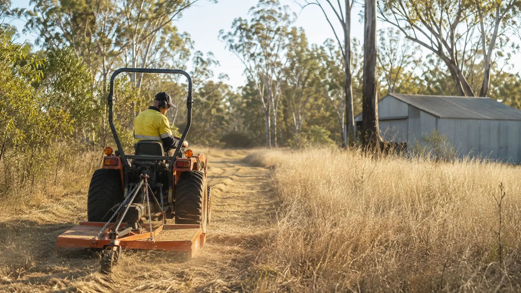 A tractor slashes long dry grass beside a shed on an Australian property