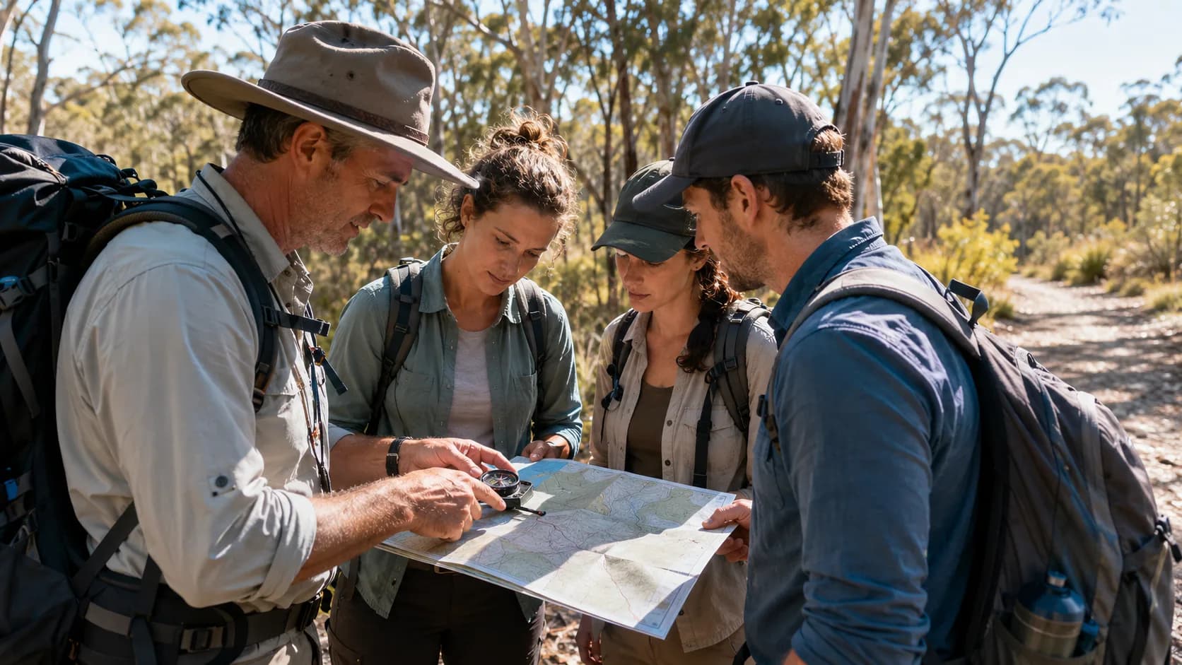 For navigation courses, walkers practise map bearings at a bush trailhead in Australia