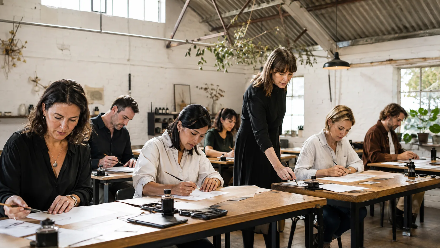 A calligraphy tutor leans over a learner’s dip pen at a long workshop table in Australia