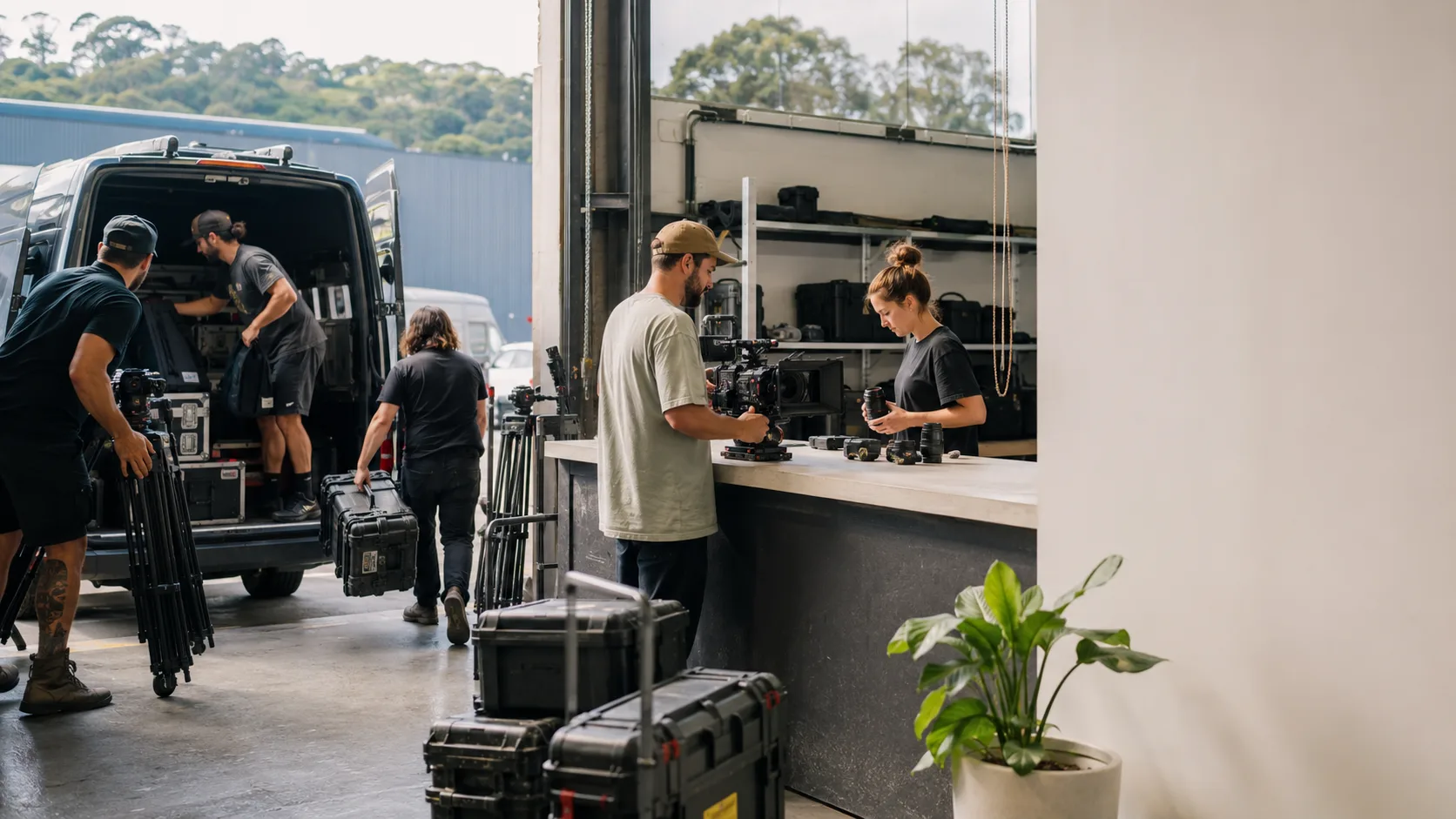 Customers collect booked camera body, lens or AV kit from an active Australian hire business