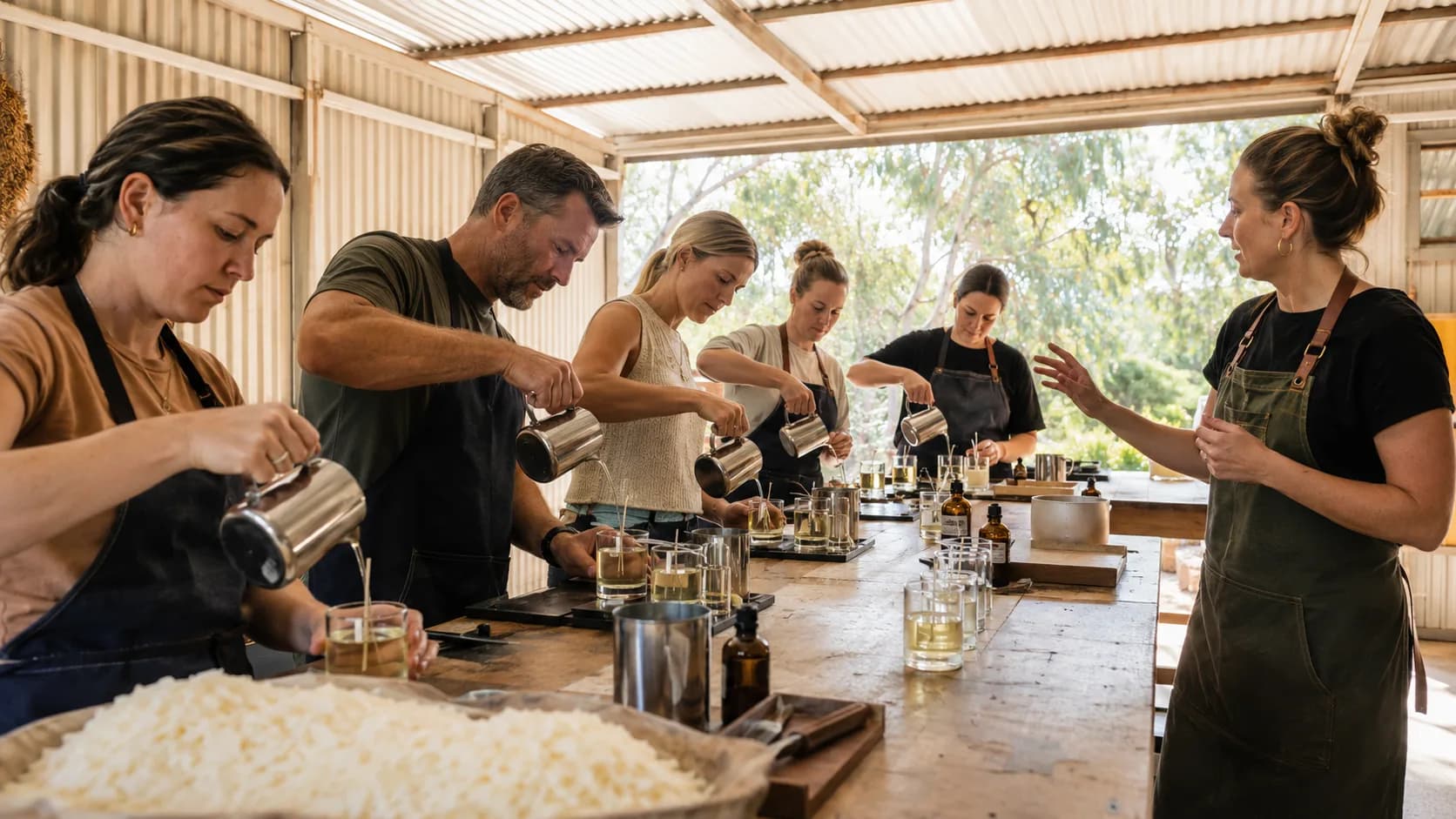 Participants pouring scented wax into glass jars at a candle workshop bench in Australia
