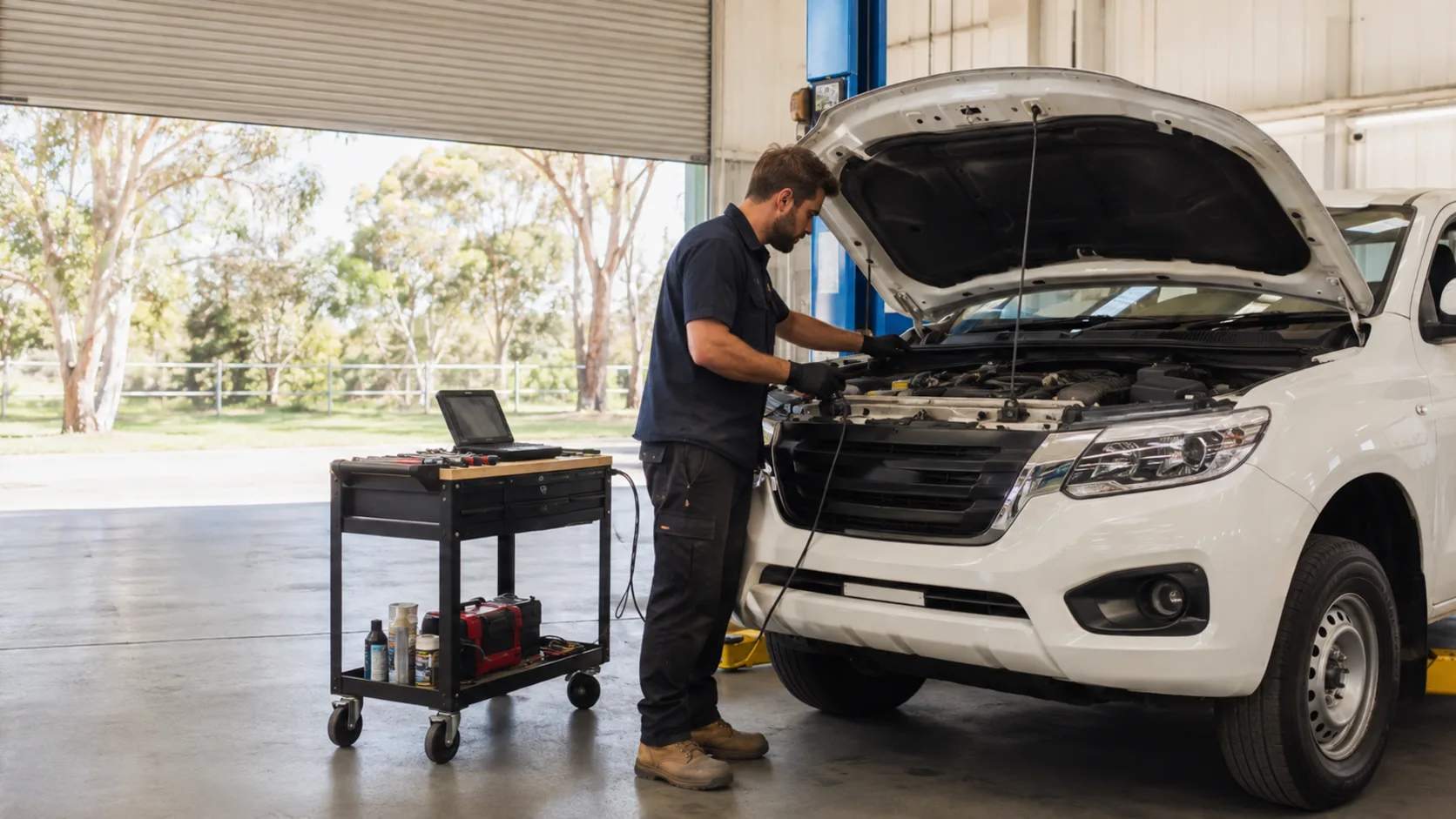 A mechanic working under a car in a workshop bay in Australia
