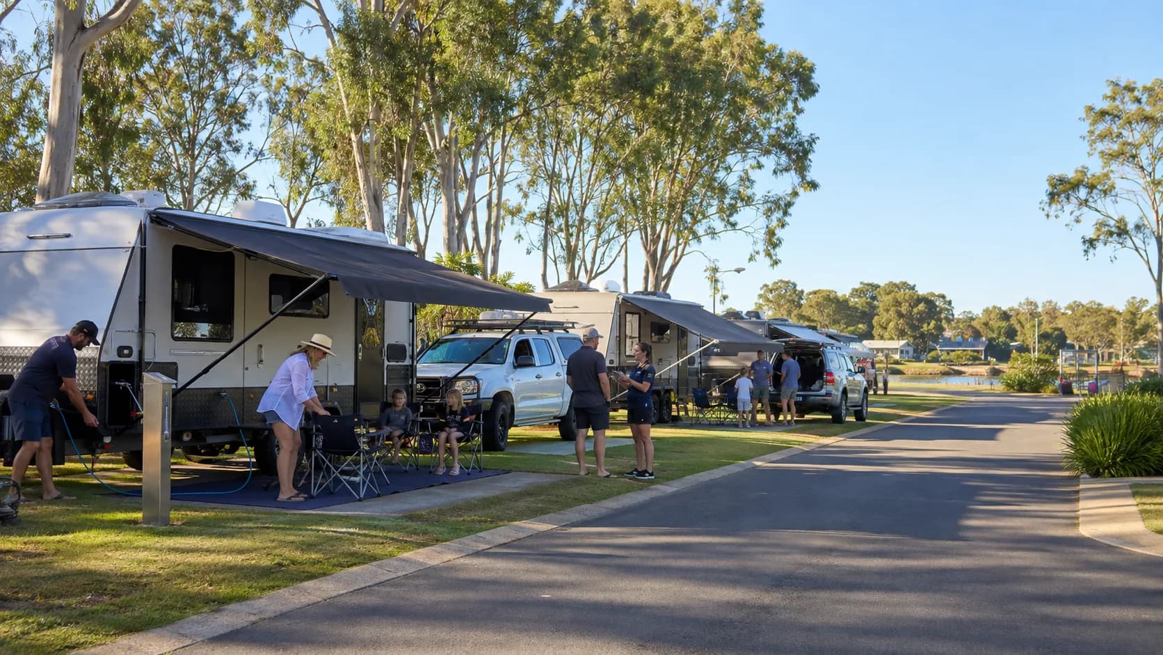 Guests arrive at occupied Australian powered or unpowered site in bright daylight