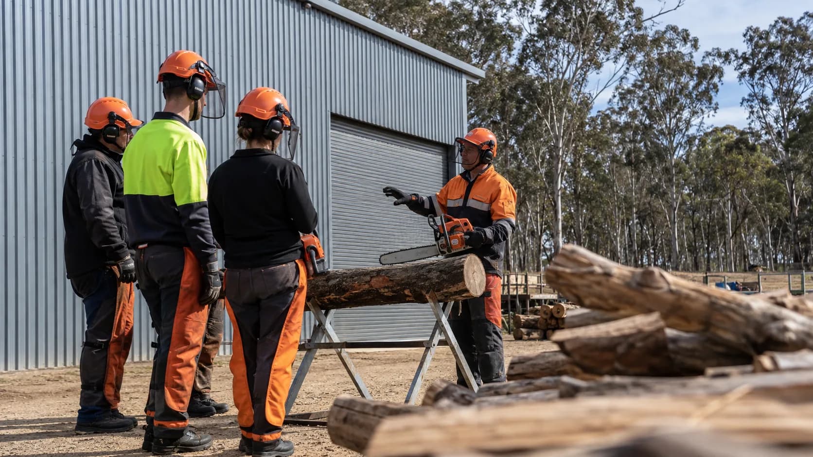 Trainer checks protective equipment beside a supervised chainsaw practice station in Australia