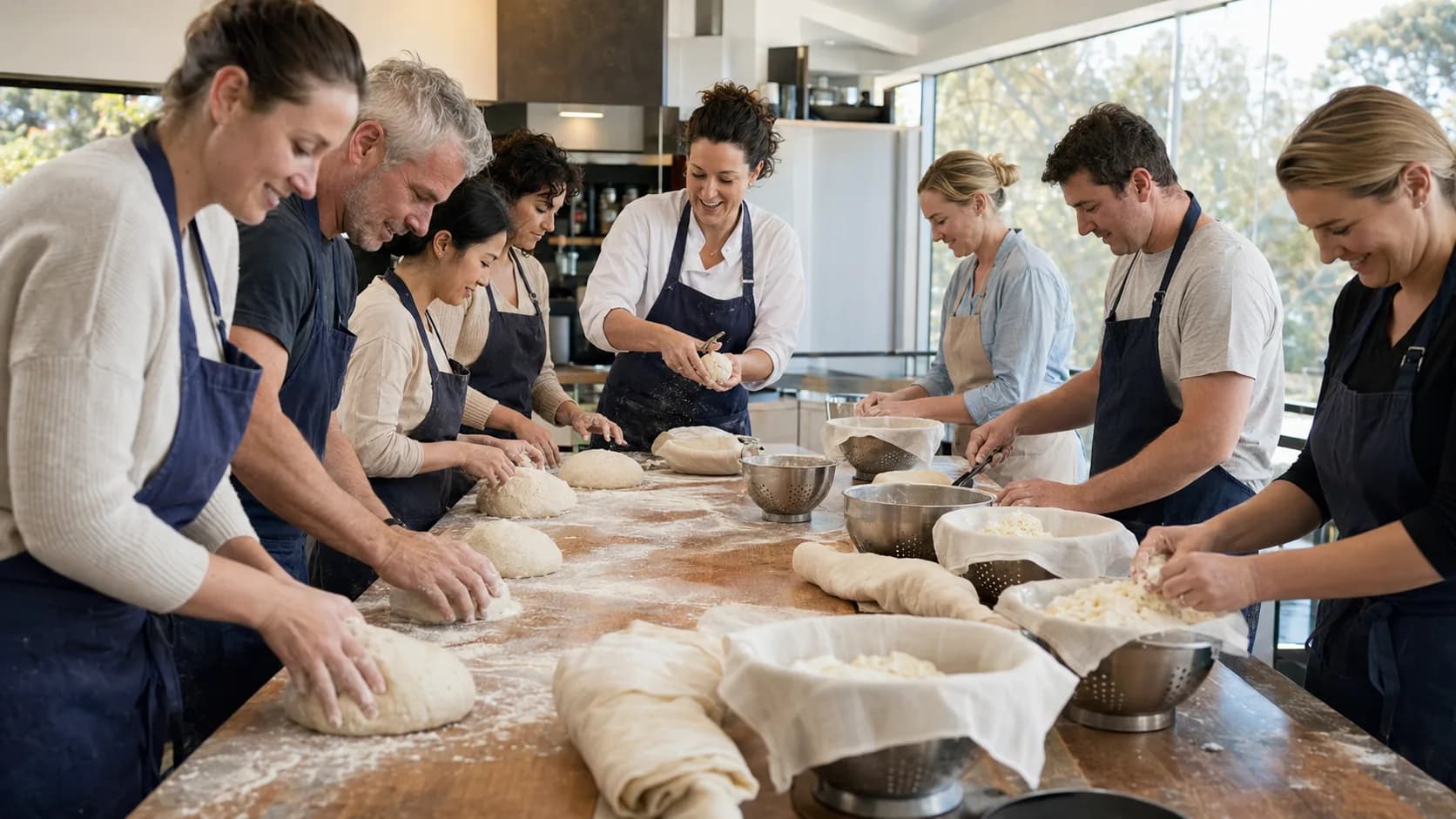 A food tutor guides learners shaping sourdough and making fresh cheese in Australia