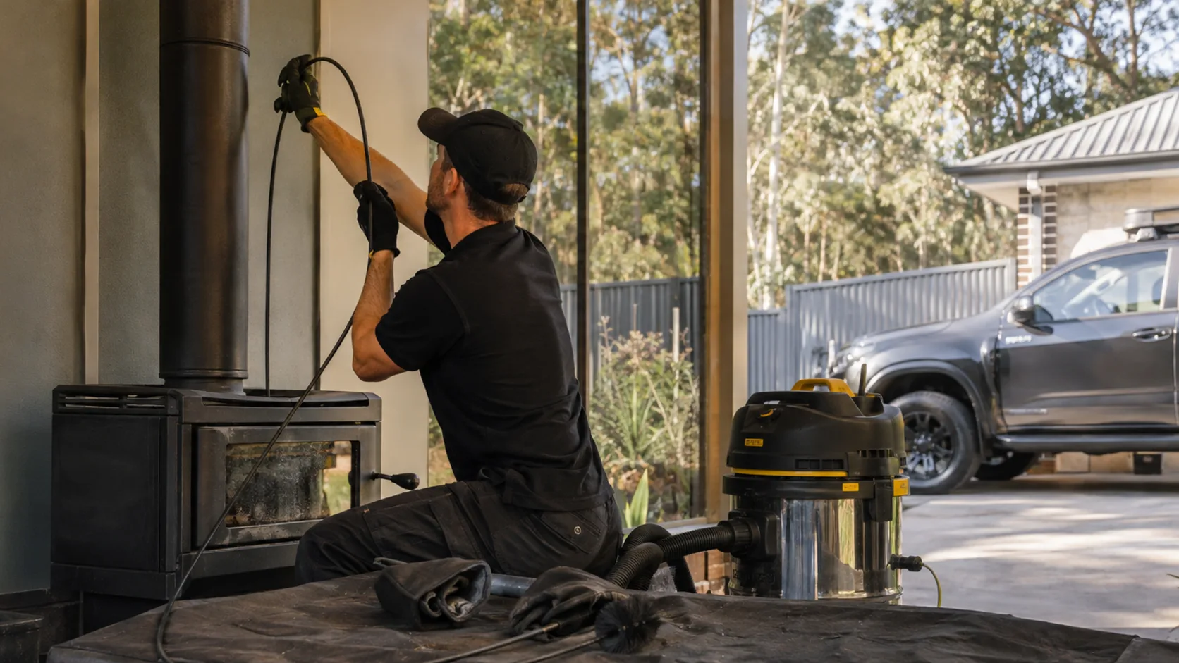 A chimney sweep brushing a flue in Australia