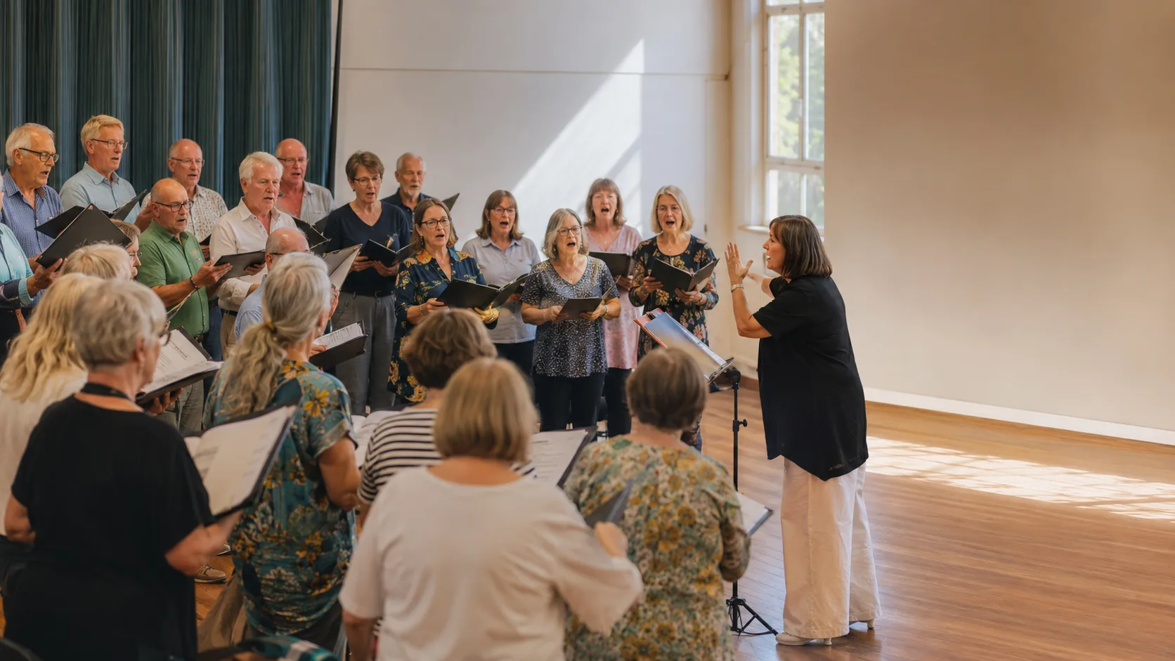 Choir director leading an active rehearsal in an Australian community hall