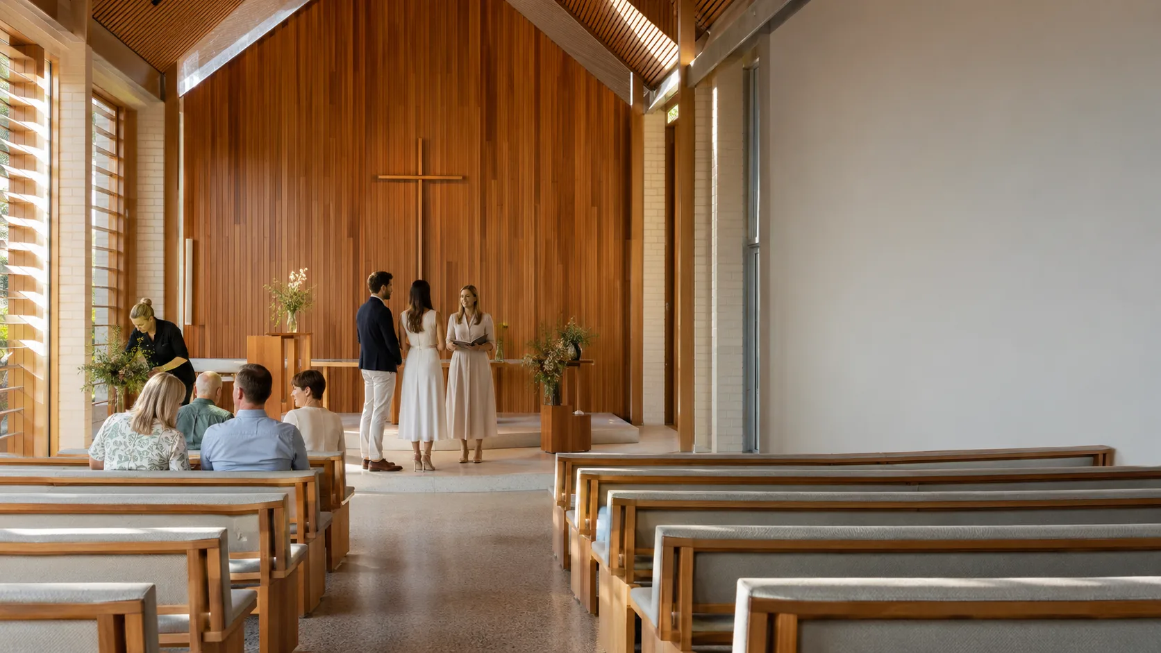 A wedding rehearsal fills a bright suburban church with warm sunlight