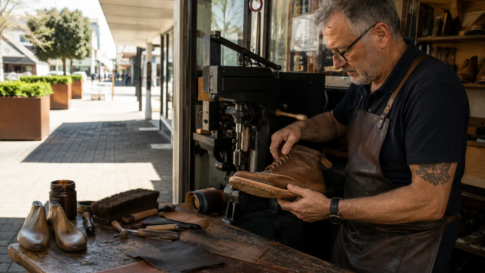 A cobbler stitching a sole at the bench of a shoe repair shop in Australia