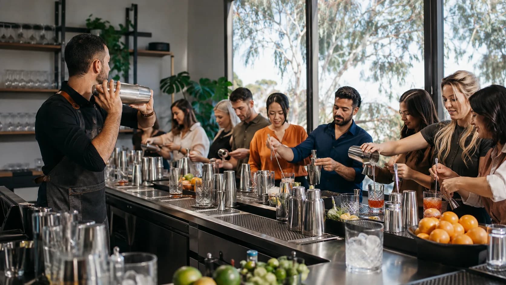 A bright wide bar room in Australia, guests working shakers at their own stations in hard daylight