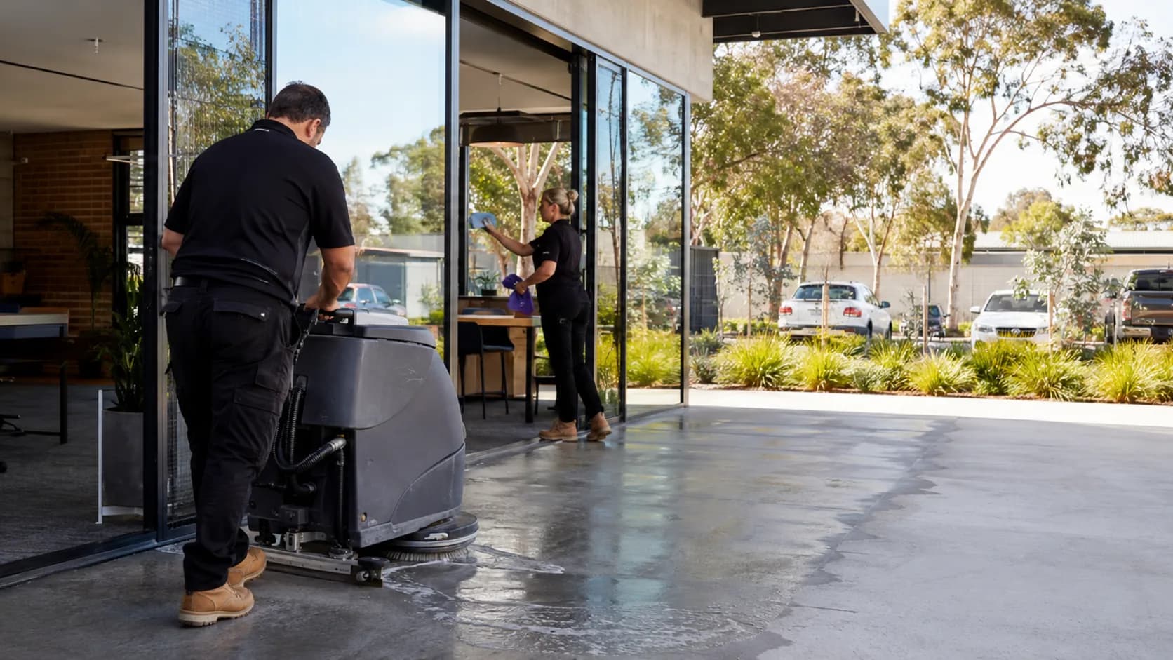 A commercial cleaner working through an office after hours in Australia