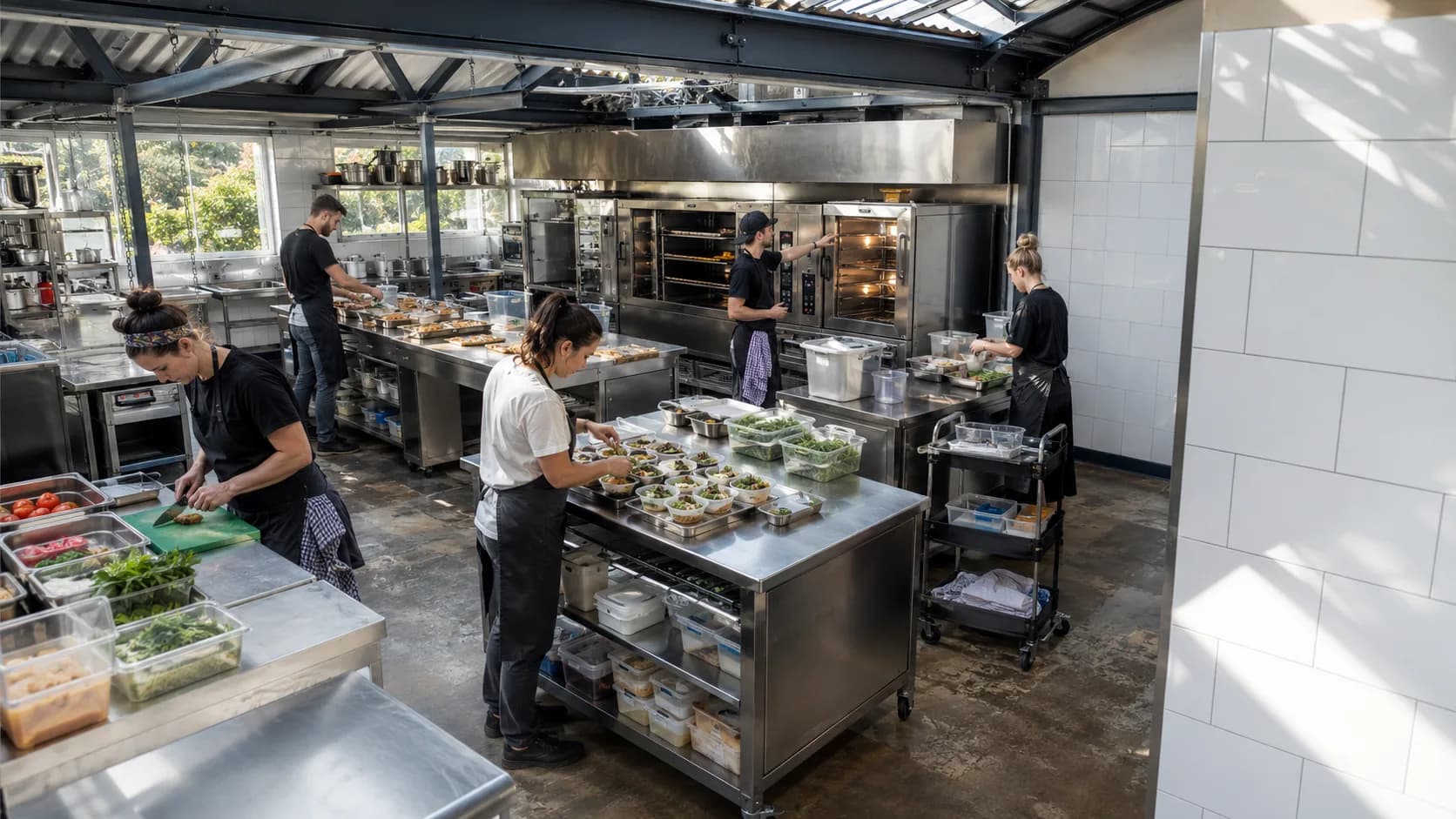 Food producers work across a busy shared kitchen during preparation
