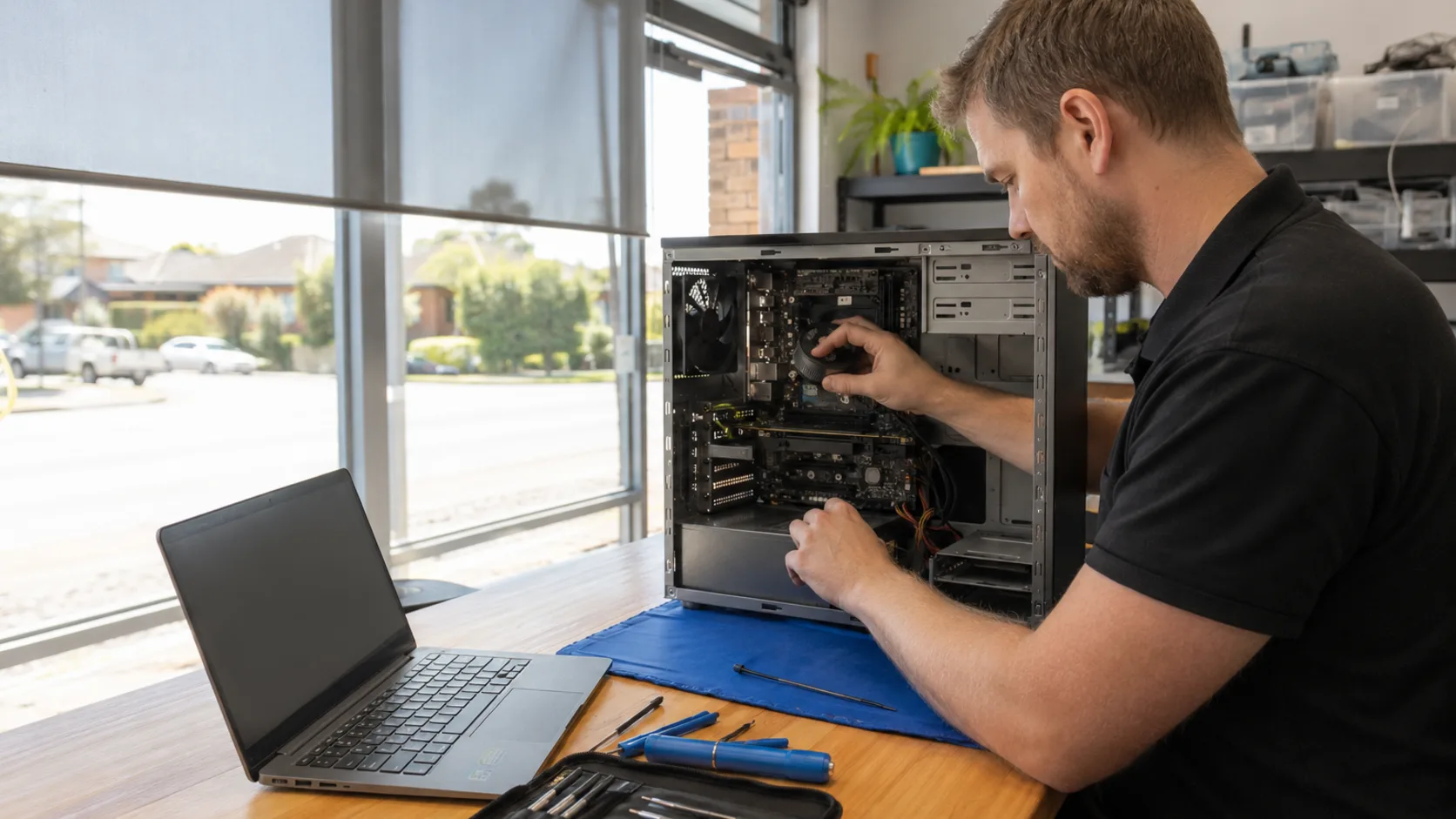A technician working on an opened laptop at a repair bench in Australia