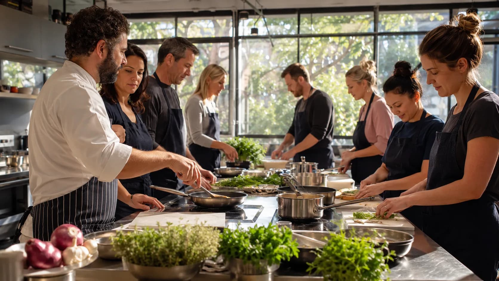 A chef tutor guides participants through a hands-on cooking workshop in Australia