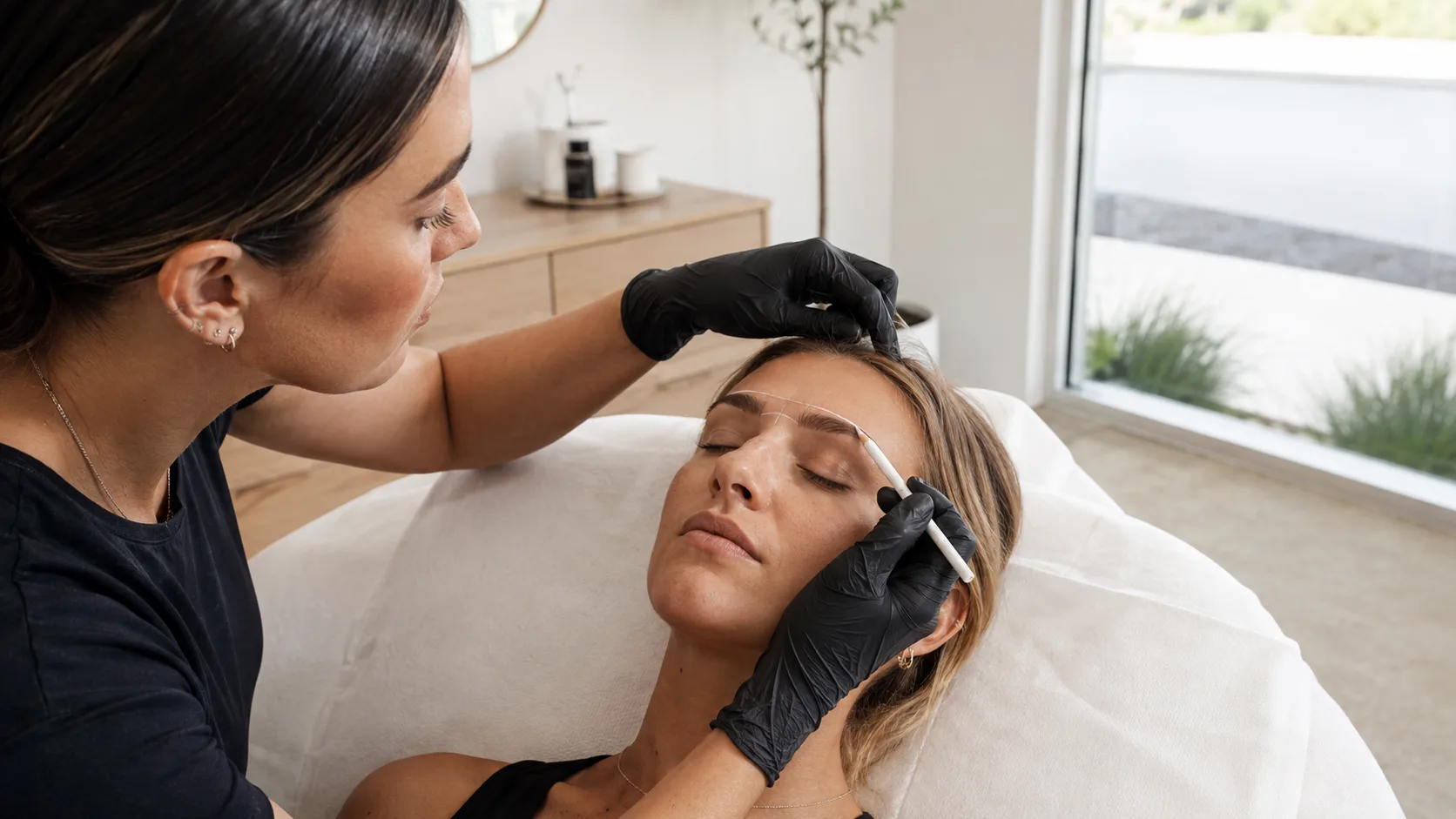 Cosmetic tattoo artist mapping a client’s brows inside a bright studio in Australia