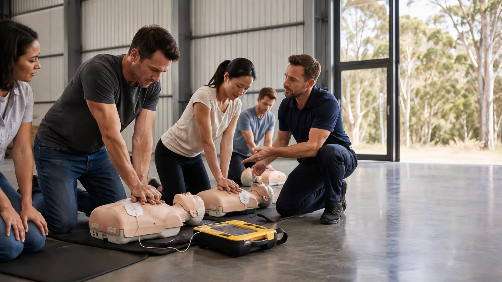 Learners practise chest compressions on manikins during a CPR refresher session in Australia