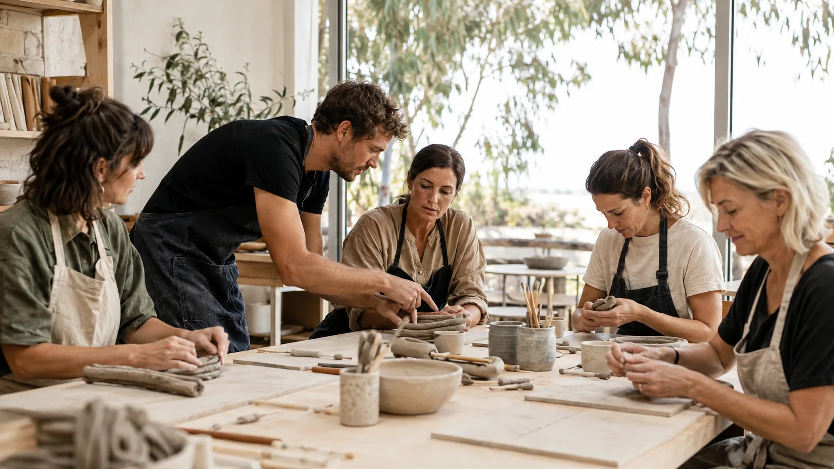 Maker guiding a hands-on craft workshop inside an Australian studio