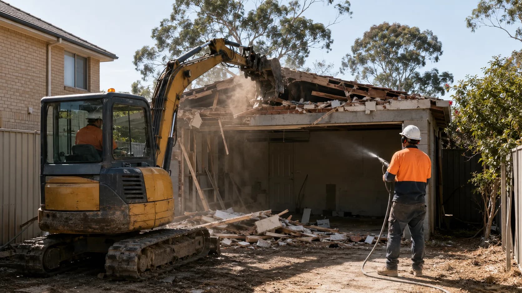 An excavator taking down a detached garage in Australia