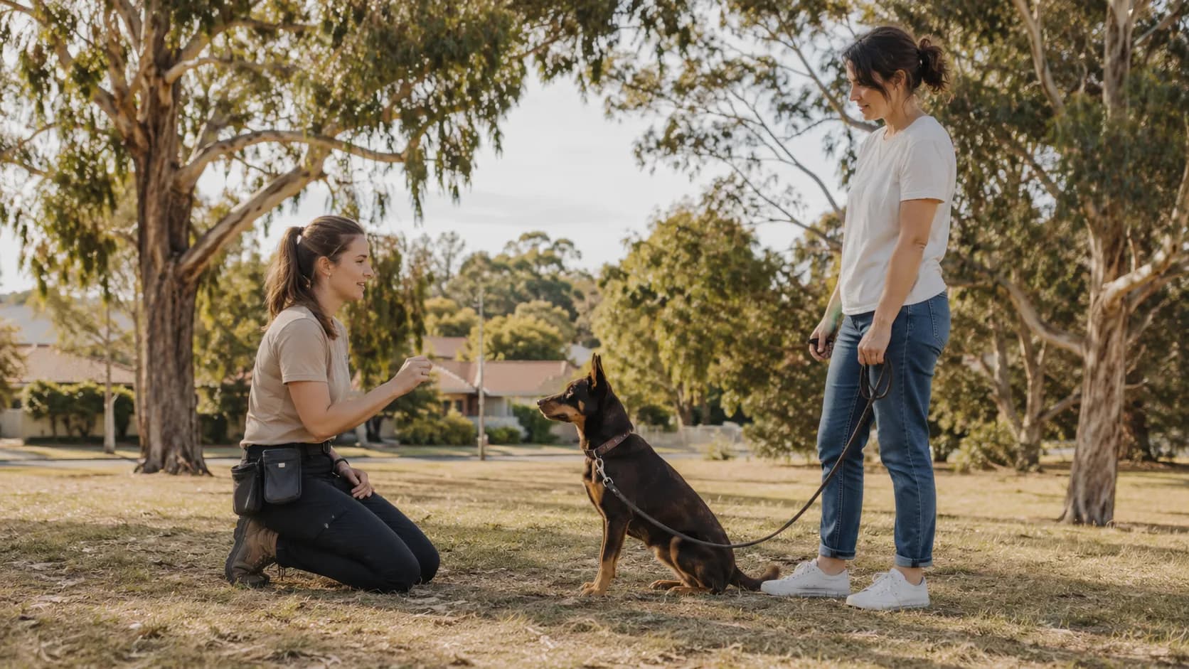 A dog trainer working with a dog in a park in Australia