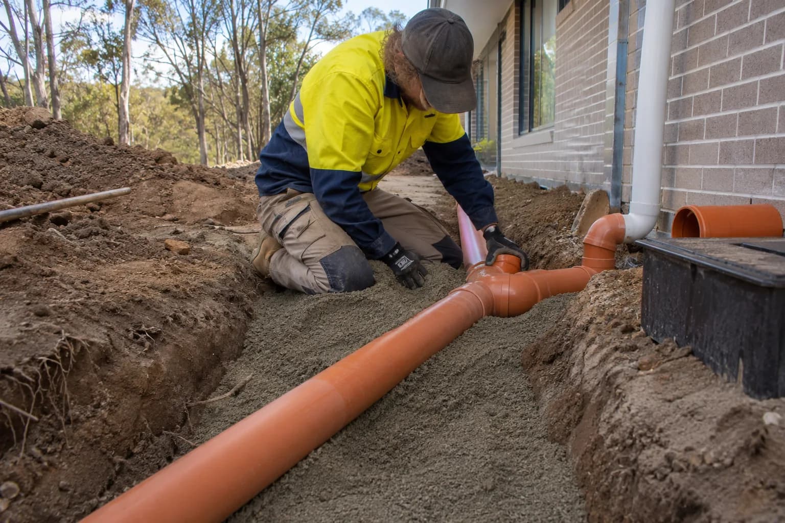 A drainage contractor feeding a jetting hose into a chamber in Australia