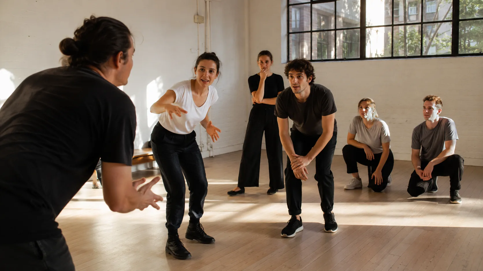 Acting tutor directing a lively scene in an Australian rehearsal studio