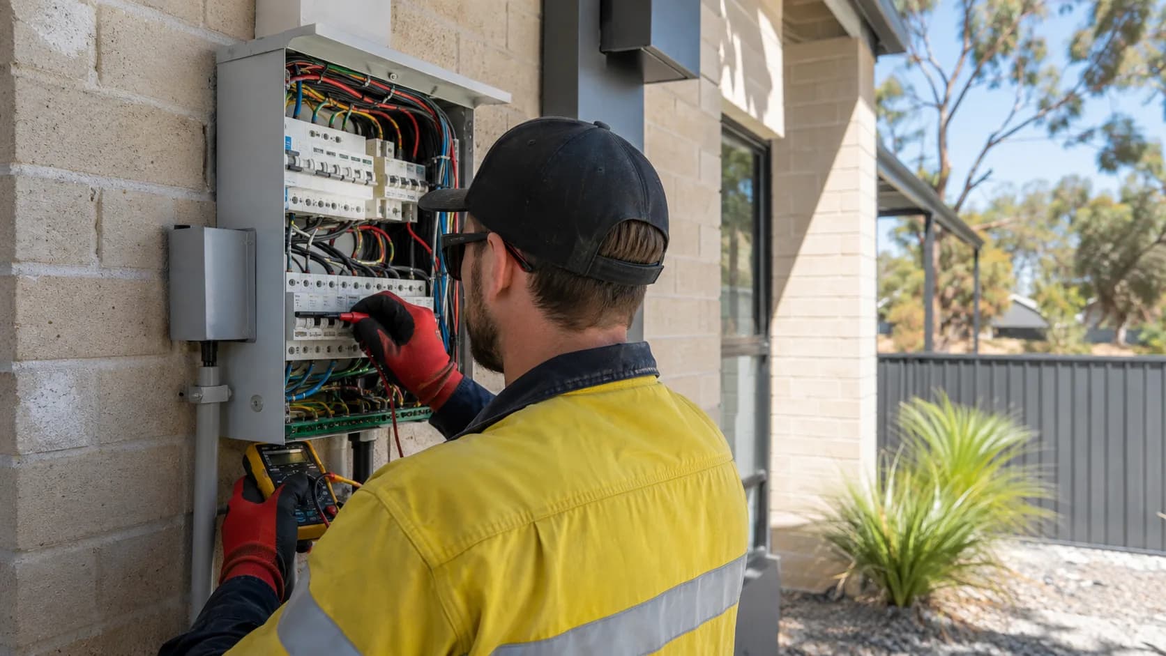 An electrician at work in a bright modern home in Australia